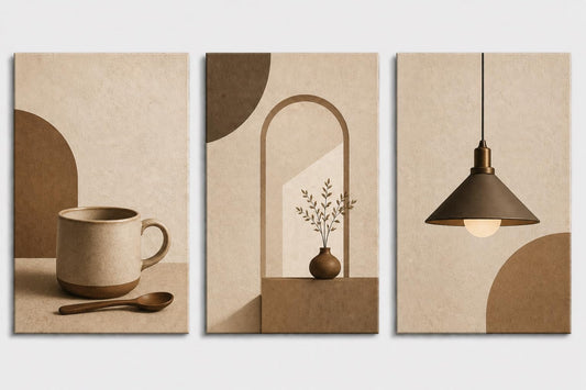 ICE ARMOR Large Set of 3 Minimalist Coffee Kitchen Wall Art Neutral Mug Vase Pendant Light Canvas Prints for Cafe Dining Room Decor 16x24 Inch Frameless Canvas Print - Ready to hang