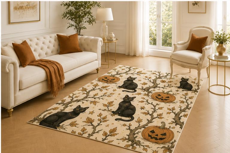 ICE ARMOR 5' x 7' Black Cat Pumpkin Rug, Autumn Branch Star Jack O Lantern Artwork, Smooth Printed Floor Cover for Bedroom, Lounge, Office and Halloween Decor