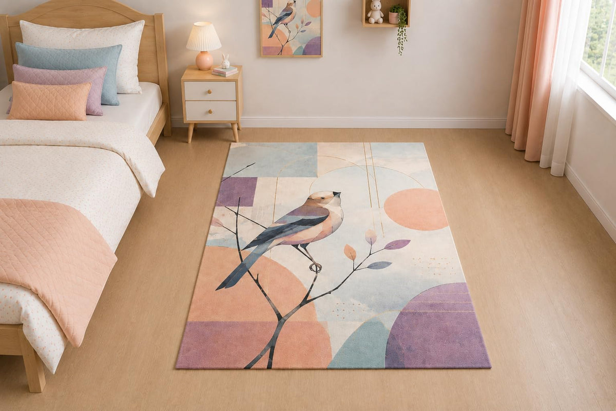 ICE ARMOR "Ultra Thin 5' x 7" Geometric Songbird Area Rug for Living Room, Bedroom and Home Office, Soft Low Pile Carpet with Non-Slip Silicone Backing, Peach and Blue
