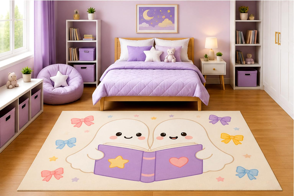 ICE ARMOR 5' x 7' Cute Ghost Reading Book with Friend Area Rug for Kids Bedroom Nursery Playroom Scandinavian Minimalist Kawaii Storybook Decor Non-Slip Silicone Backing Low Pile