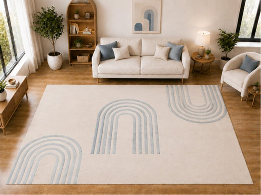 ICE ARMOR "Ultra Light Weight Large 6'7 x 9'10 Light Blue Arch Line Pattern Area Rug for Living Room Bedroom Dining Room Soft Low Pile Indoor Carpet Modern Minimalist Floor Decor
