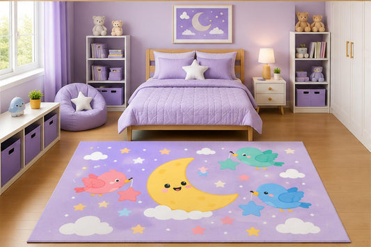 ICE ARMOR 5' x 7' Cute Moon and Birds Holding Stars Area Rug for Kids Bedroom Nursery Playroom Scandinavian Minimalist Celestial Sky Decor Non-Slip Silicone Backing Low Pile