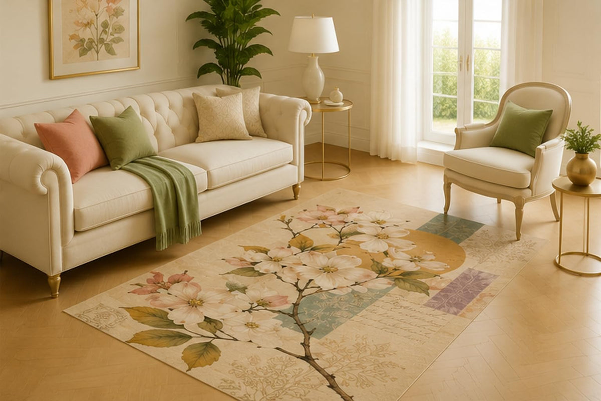 ICE ARMOR 5' x 7' Dogwood Blossom Postcard Area Rug for Living Room, Soft Low Pile Indoor Carpet with Non-Slip Silicone Backing for Bedroom, Dining Room, Kids and Pets
