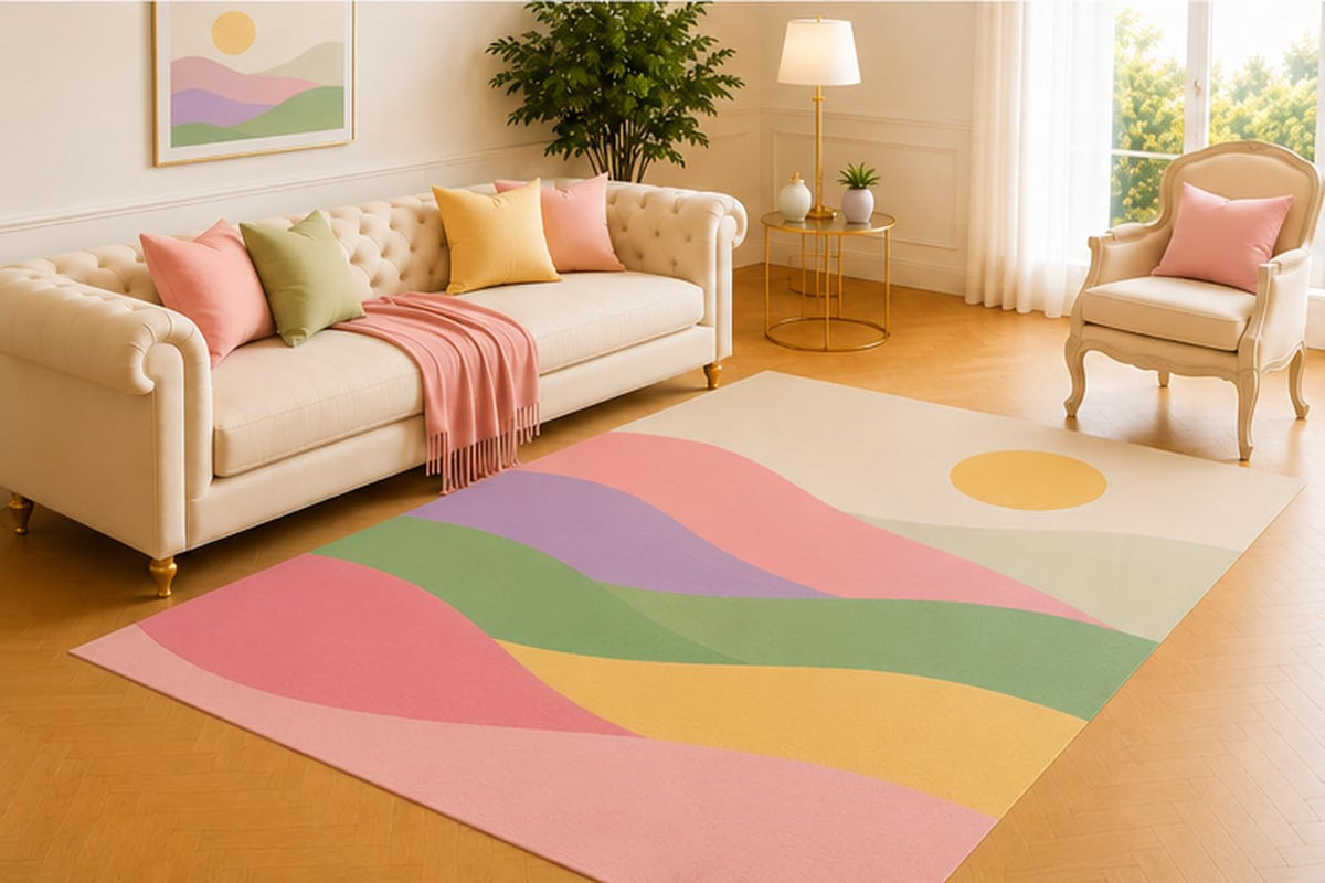 ICE ARMOR 5' x 7' Rolling Horizon Area Rug, Modern Scenic Hill Design with Pink Lavender Sage Green Yellow and Cream, Soft Low Pile Carpet for Living Room Bedroom Nursery