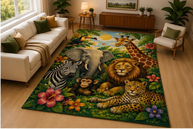 ICE ARMOR 5' x 7' Safari Animal Collection Area Rug Soft Low Pile Indoor Rug with Non Slip Silicone Backing Wildlife Decor Carpet for Living Room Bedroom Playroom Kids and Pets Green