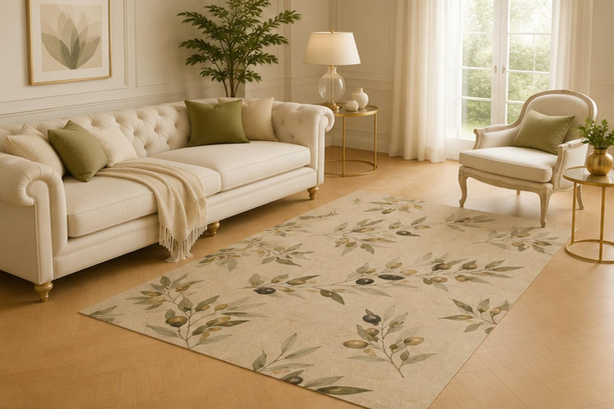 ICE ARMOR 5' x 7' Olive Branch Botanical Area Rug for Living Room, Soft Low Pile Accent Carpet with Non-Slip Silicone Backing for Bedroom, Dining Space, Office, Kids and Pets