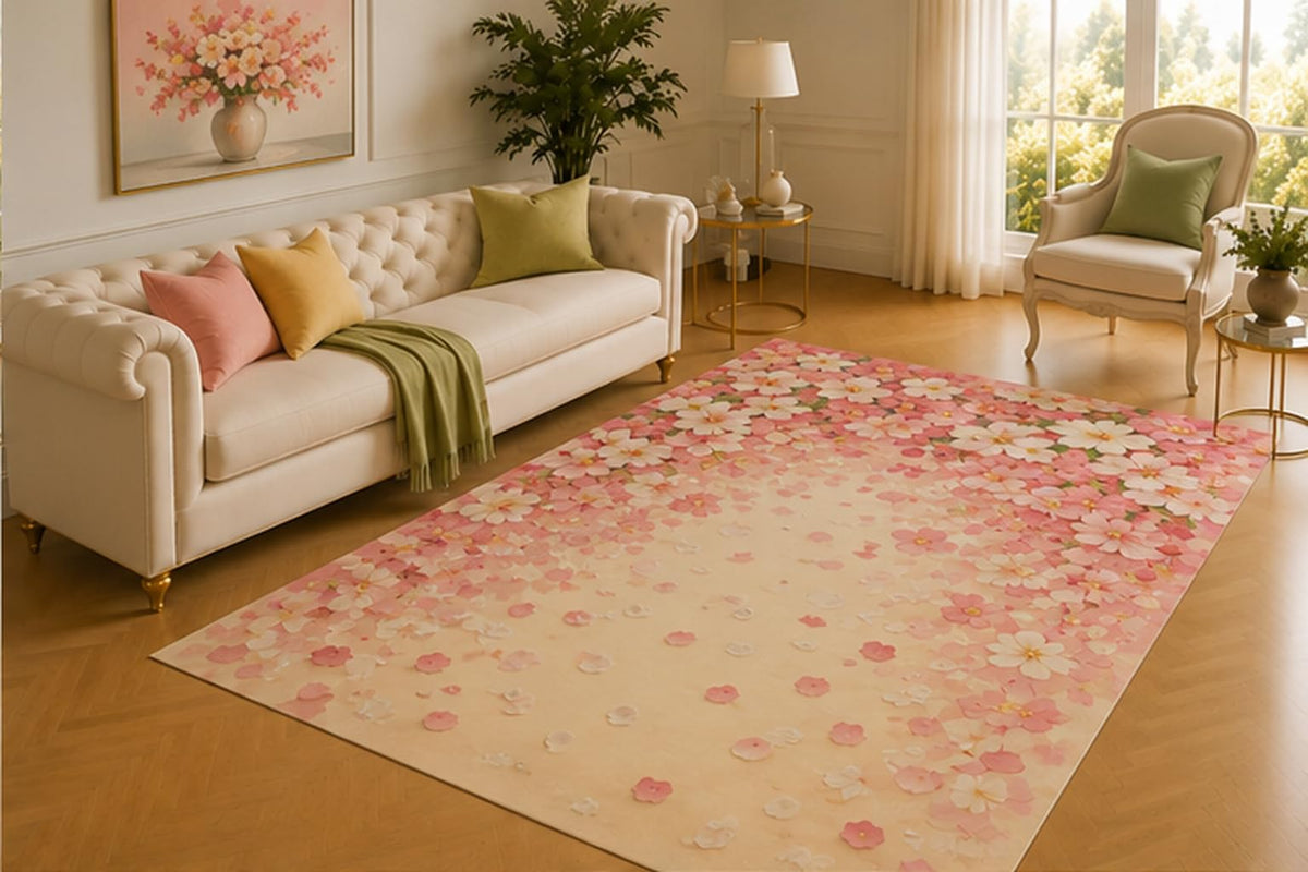 ICE ARMOR 5' x 7' Cherry Blossom Petal Rug, Soft Pink and White Flowers Scattered Across a Cream Background, Delicate Decor for Bedroom, Nursery or Dressing Area