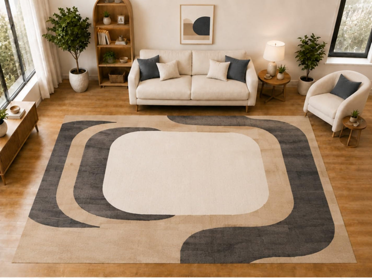 ICE ARMOR "Ultra Light Weight Large 6'7 x 9'10 Charcoal Rounded Frame Pattern Area Rug for Living Room Bedroom Dining Room Soft Low Pile Indoor Carpet Modern Geometric Floor Decor