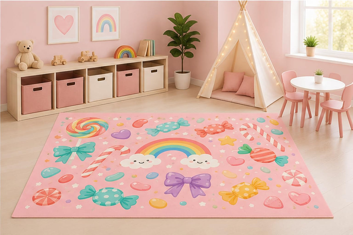 ICE ARMOR 5' x 7' Candy Rainbow Area Rug for Kids Playroom Nursery Bedroom, Lollipops Candy Canes Wrapped Sweets Pastel Kawaii Cartoon Decor, Non-Slip Silicone Backing Low Pile
