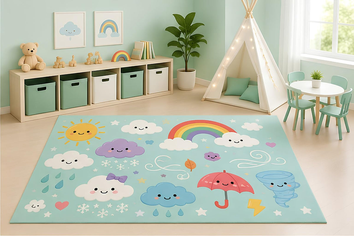 ICE ARMOR 5' x 7' Weather Learning Area Rug for Kids Playroom Nursery Bedroom, Rainbow Clouds Sun Rain Umbrella Tornado Educational Cartoon Decor, Non-Slip Silicone Backing Low Pile