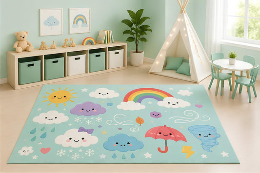 ICE ARMOR 5' x 7' Weather Learning Area Rug for Kids Playroom Nursery Bedroom, Rainbow Clouds Sun Rain Umbrella Tornado Educational Cartoon Decor, Non-Slip Silicone Backing Low Pile