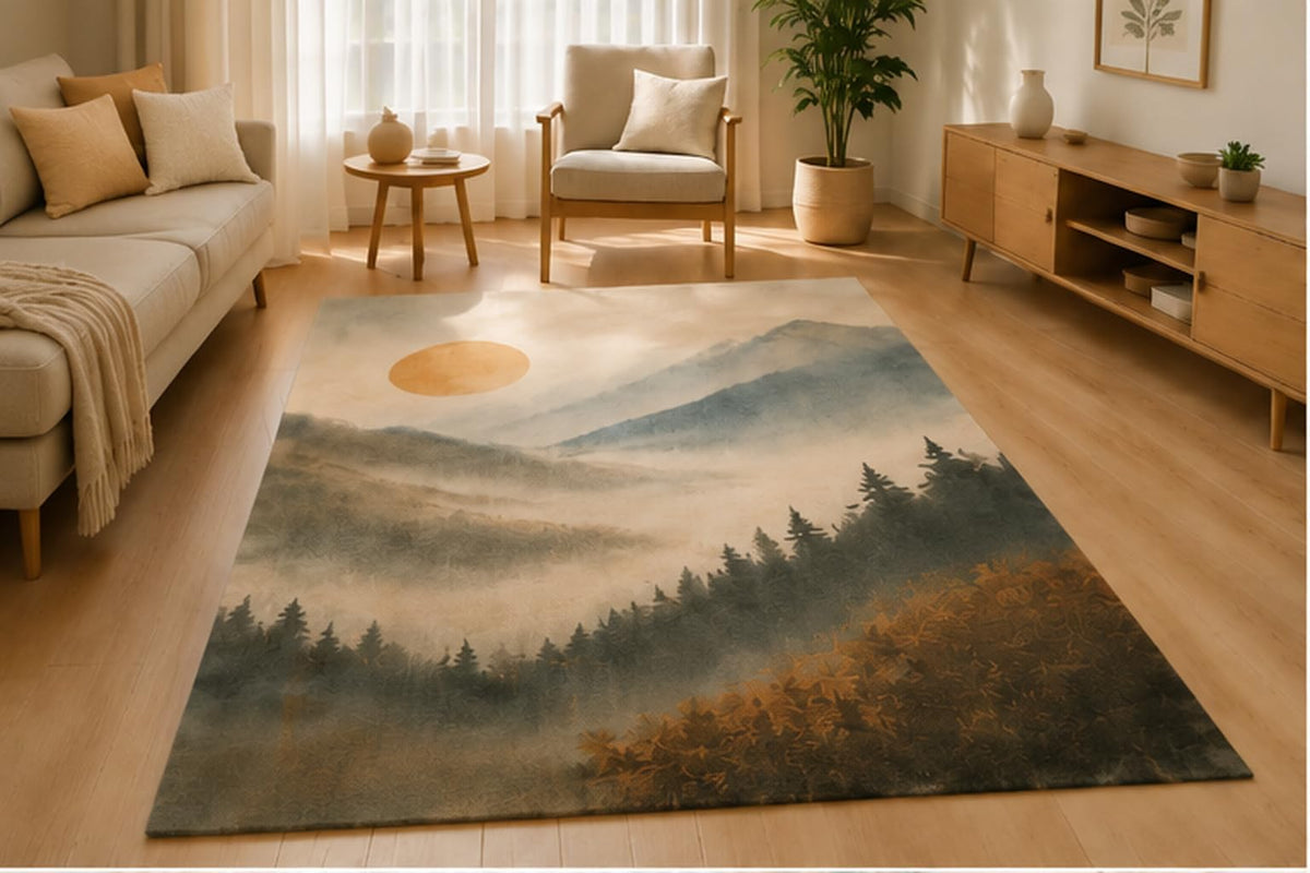 ICE ARMOR 5' x 7' Misty Mountain Nature Area Rug Soft Low Pile Indoor Rug with Non-Slip Silicone Backing Scenic Decor Carpet for Living Room Bedroom Dining Room Office Family Room Blue Beige