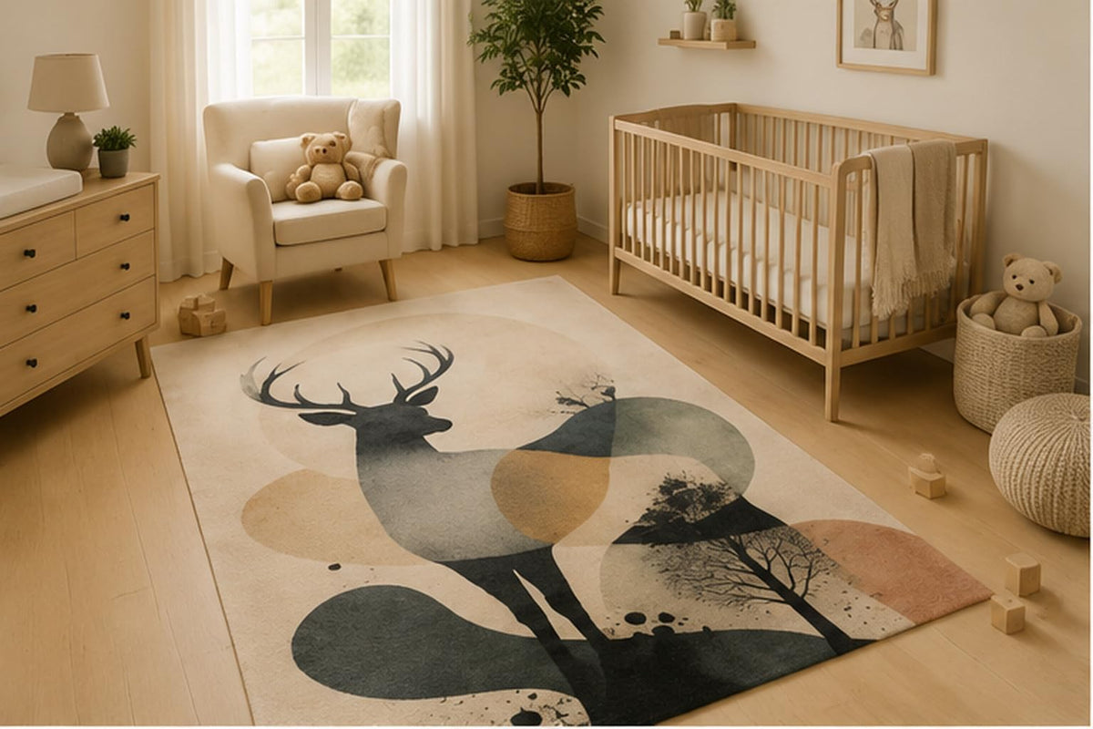 ICE ARMOR 5' x 7' Minimal Deer Silhouette Area Rug Soft Low Pile Indoor Rug with Non-Slip Silicone Backing Woodland Decor Carpet for Nursery Kids Room Playroom Bedroom Beige Gray