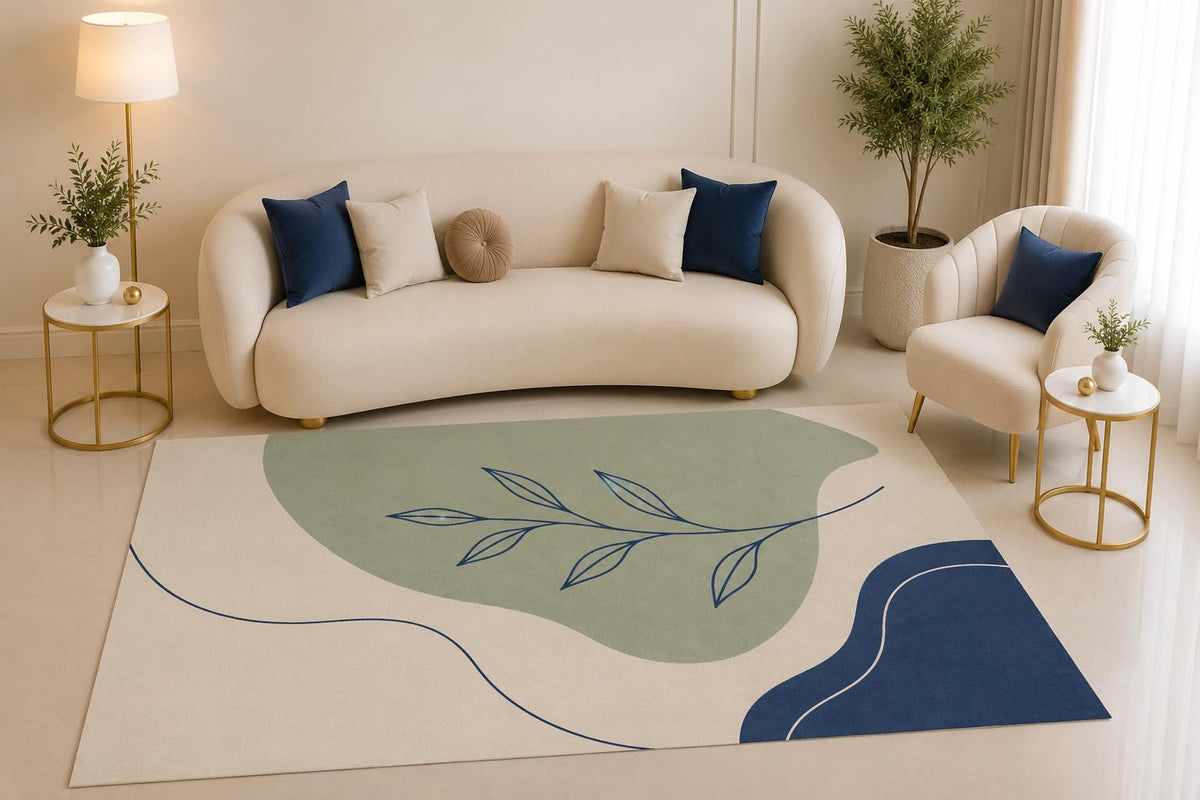 ICE ARMOR 5' x 7' Minimalist Leaf Area Rug, Blue Green Botanical Line Art Abstract Design for Living Room Bedroom Office Decor, Non-Slip Silicone Backing Low Pile