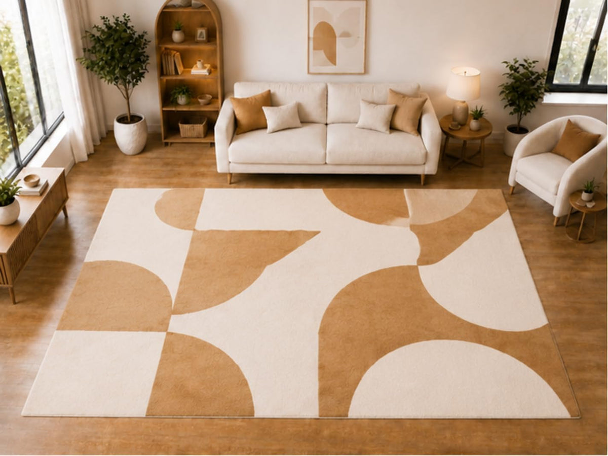 ICE ARMOR "Ultra Light Weight Large 6'7 x 9'10 Tan Rounded Shape Pattern Area Rug for Living Room Bedroom Dining Room Soft Low Pile Indoor Carpet Modern Geometric Floor Decor