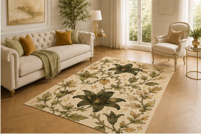 ICE ARMOR 5' x 7' Black Lily Rug, Twisting Vine Leaf and Star Artwork, Smooth Printed Floor Cover for Bedroom, Office, Lounge and Moody Botanical Decor