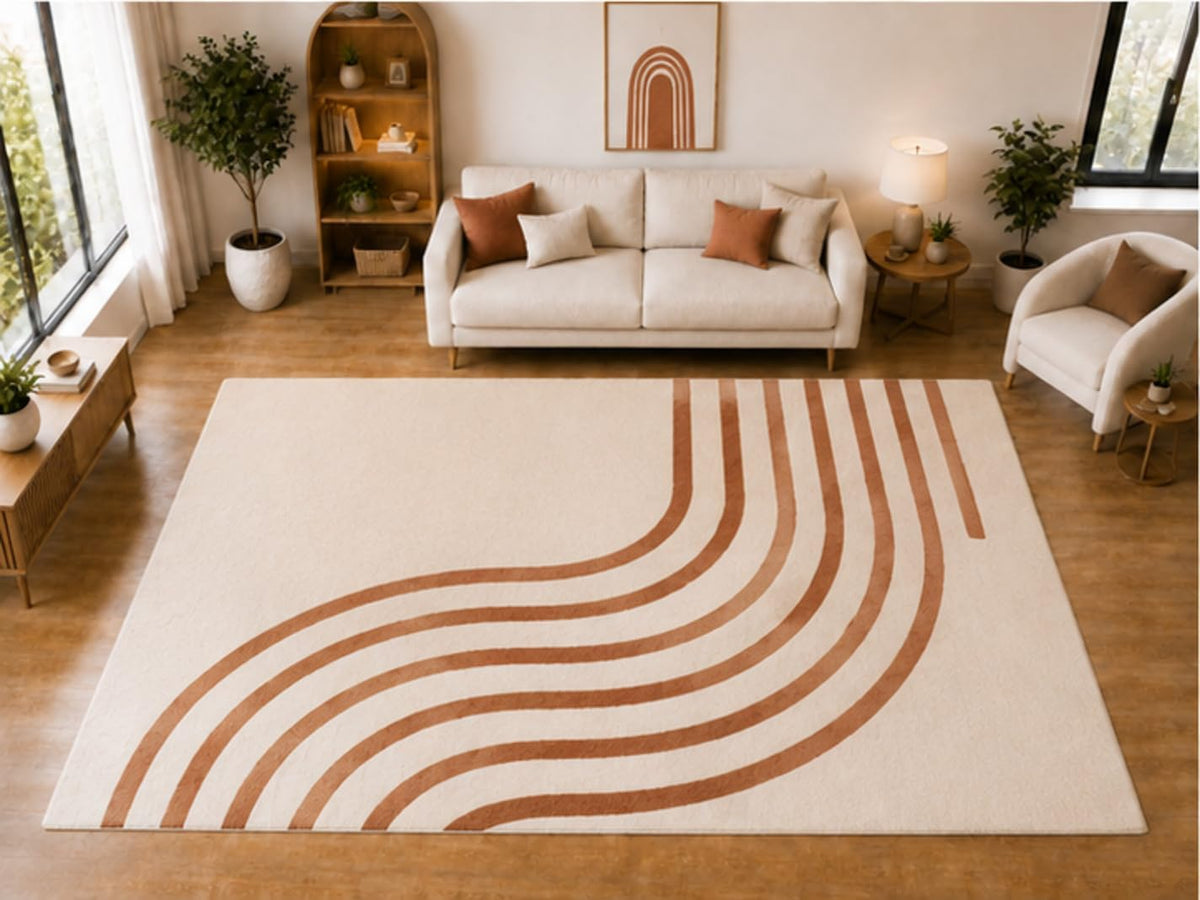 ICE ARMOR "Ultra Light Weight Large 6'7 x 9'10 Terracotta Curved Line Pattern Area Rug for Living Room Bedroom Dining Room Soft Low Pile Indoor Carpet Modern Geometric Floor Decor
