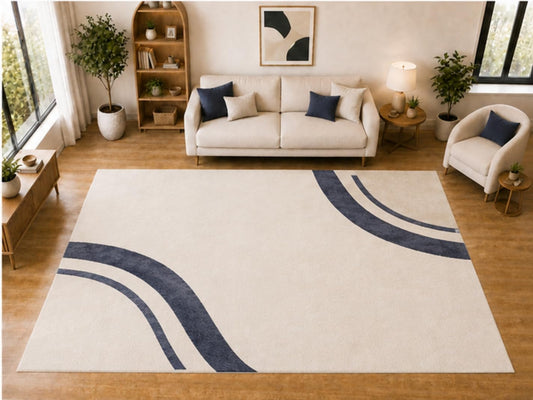 ICE ARMOR "Ultra Light Weight Large 6'7 x 9'10 Navy Curved Stripe Pattern Area Rug for Living Room Bedroom Dining Room Soft Low Pile Indoor Carpet Modern Minimalist Floor Decor