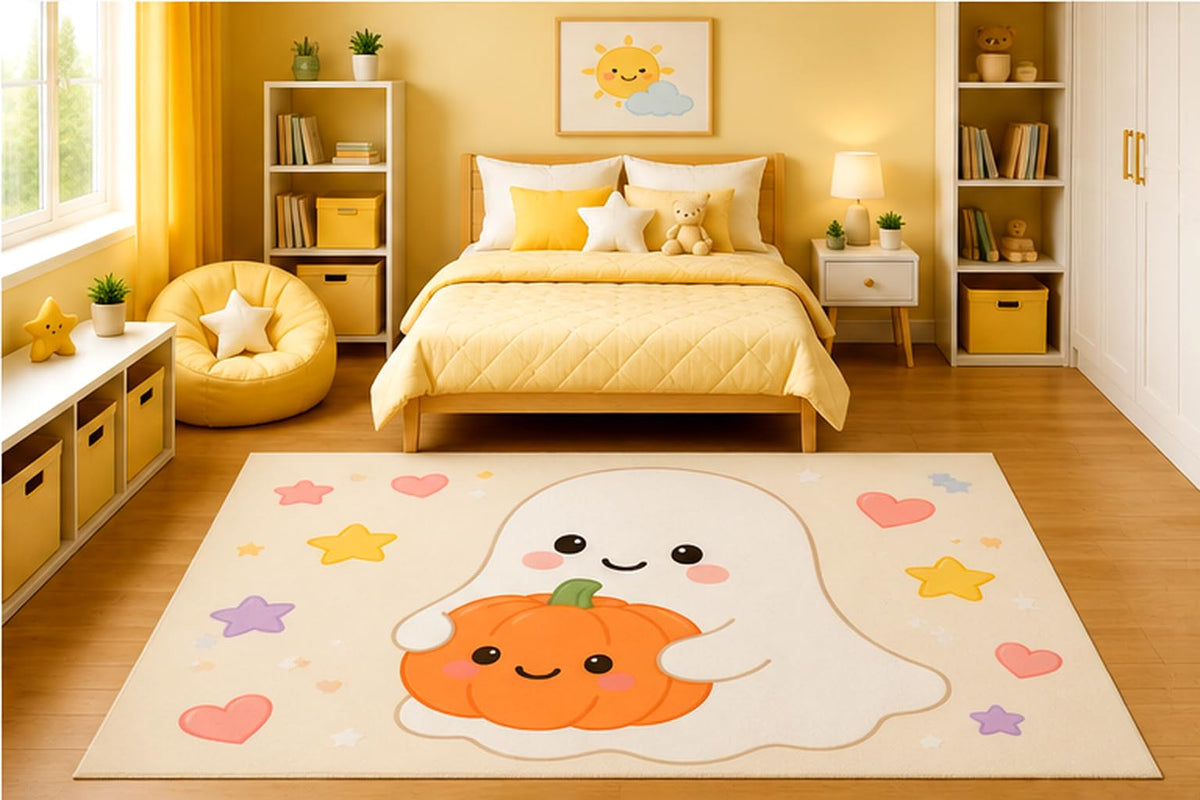 ICE ARMOR 5' x 7' Cute Ghost Holding Smiling Pumpkin Area Rug for Kids Bedroom Nursery Playroom Scandinavian Minimalist Kawaii Halloween Decor Non-Slip Silicone Backing Low Pile