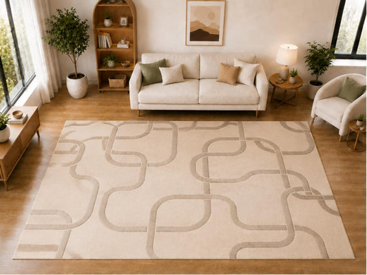 ICE ARMOR "Ultra Light Weight Large 6'7 x 9'10 Beige Interlocking Loop Pattern Area Rug for Living Room Bedroom Dining Room Soft Low Pile Indoor Carpet Modern Minimalist Floor Decor