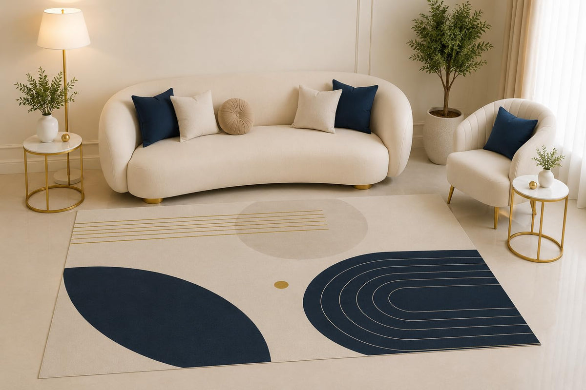 ICE ARMOR 5' x 7' Navy Geometric Area Rug, Modern Abstract Arch Line Minimalist Design for Living Room Bedroom Office Decor, Non-Slip Silicone Backing Low Pile