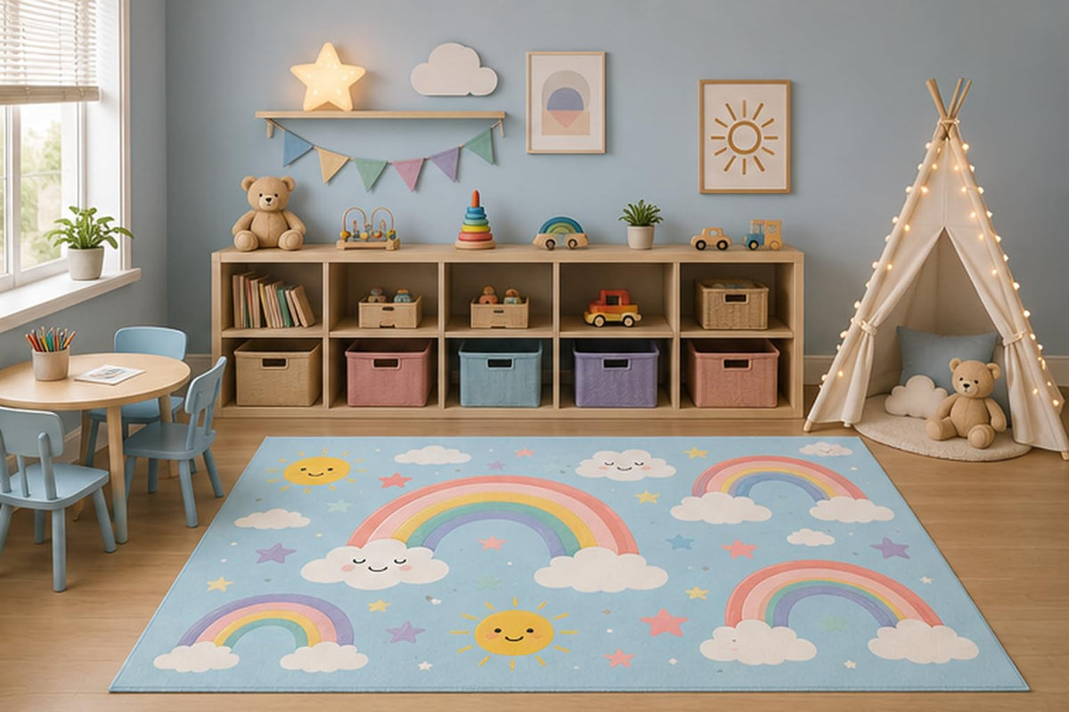 ICE ARMOR 5' x 7' Pastel Rainbow Clouds Area Rug for Kids Playroom Nursery Bedroom, Cute Sunshine Stars Cartoon Educational Decorative Carpet, Non-Slip Silicone Backing Low Pile