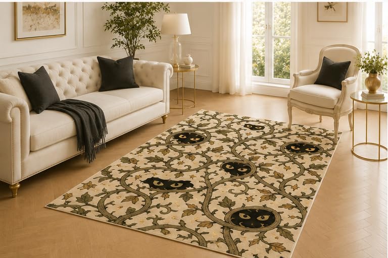 ICE ARMOR 5' x 7' Black Cat Vine Rug, Pumpkin Star Twisting Branch Artwork, Smooth Printed Floor Cover for Bedroom, Nursery, Foyer and Seasonal Home Decor