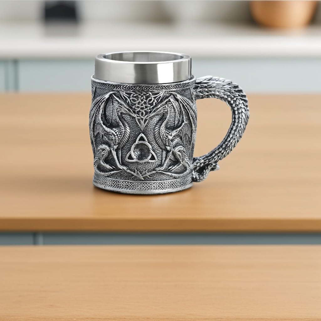 ICE ARMOR 5.5" H Celtic Dragon Embossed Decorative Tankard Mug with Dragon Handle – Medieval Fantasy Tankard Mug Decorative Collectible Drinkware