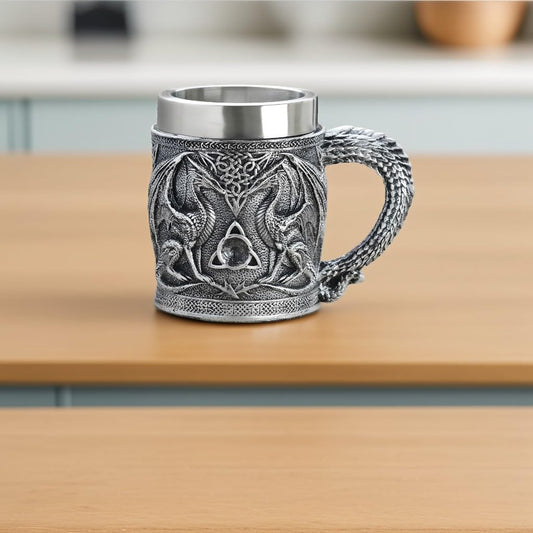 ICE ARMOR 5.5" H Celtic Dragon Embossed Decorative Tankard Mug with Dragon Handle – Medieval Fantasy Tankard Mug Decorative Collectible Drinkware