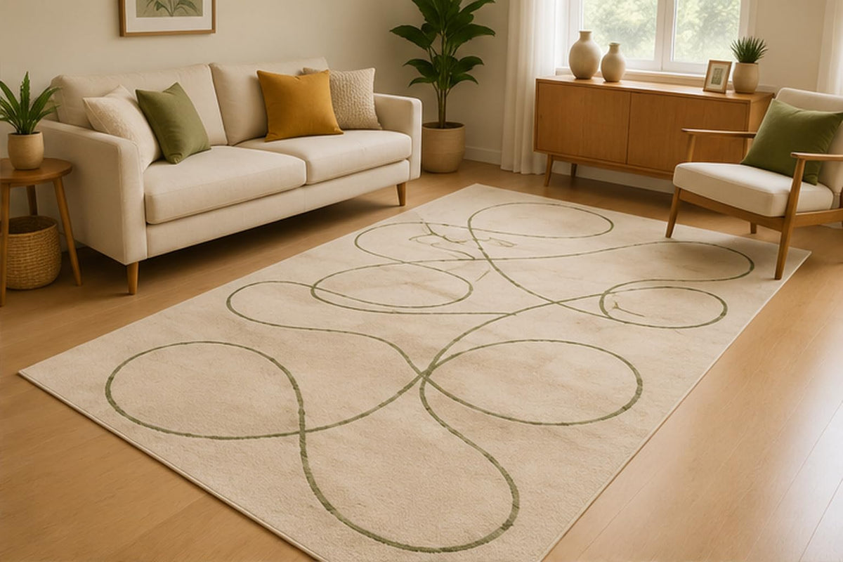 ICE ARMOR 5' x 7' Minimal Botanical Line Art Area Rug for Living Room, Soft Low Pile Indoor Rug with Non-Slip Silicone Backing, Decorative Carpet for Bedroom, Nursery, Family Room, Sage Green Ivory