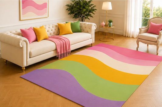 ICE ARMOR 5' x 7' Flowing Color Bands Area Rug, Modern Curved Wave Design in Pink Purple Green Yellow and Cream, Soft Minimalist Carpet for Living Room Bedroom Nursery