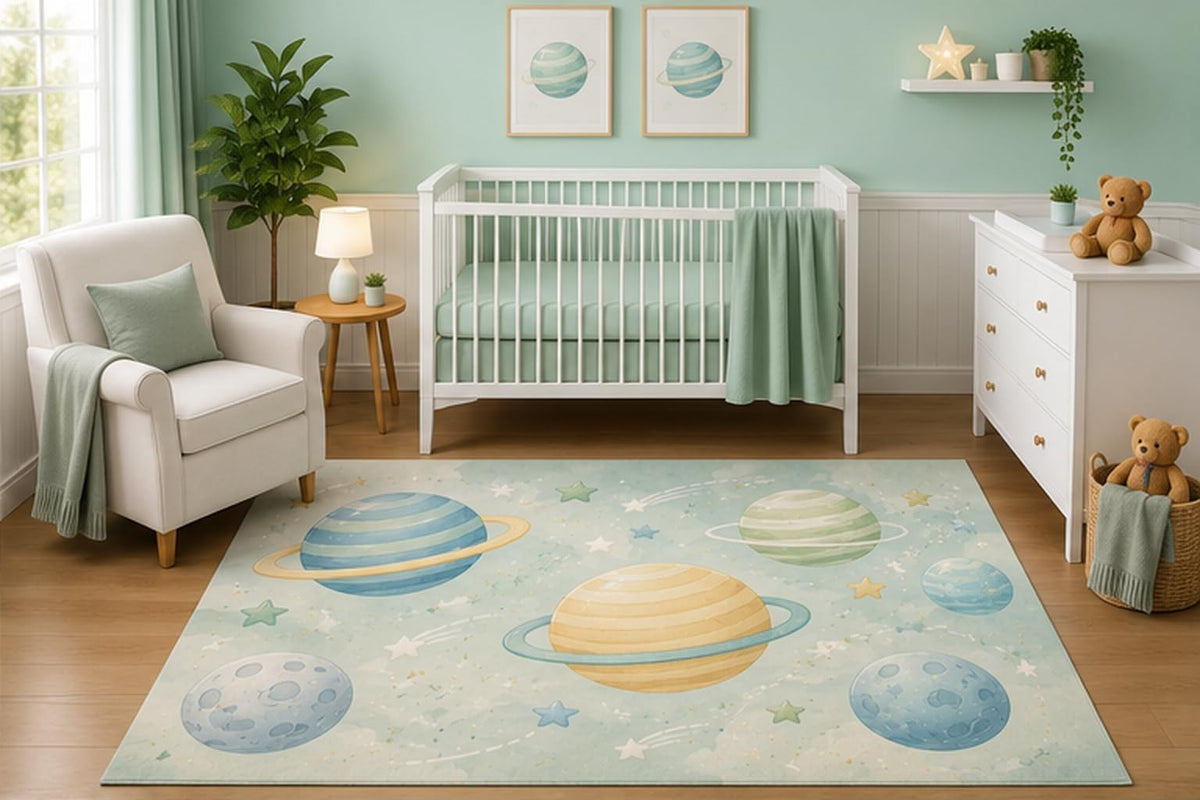 ICE ARMOR 5' x 7' Pastel Solar System Area Rug for Nursery Room, Watercolor Space Planets Stars Galaxy Celestial Design for Baby Boy Bedroom, Non-Slip Silicone Backing Low Pile