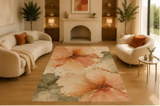 ICE ARMOR 5' x 7' Watercolor Floral Bloom Area Rug, Soft Low Pile Indoor Rug with Non-Slip Silicone Backing, Decorative Carpet for Living Room, Bedroom, Cream Peach