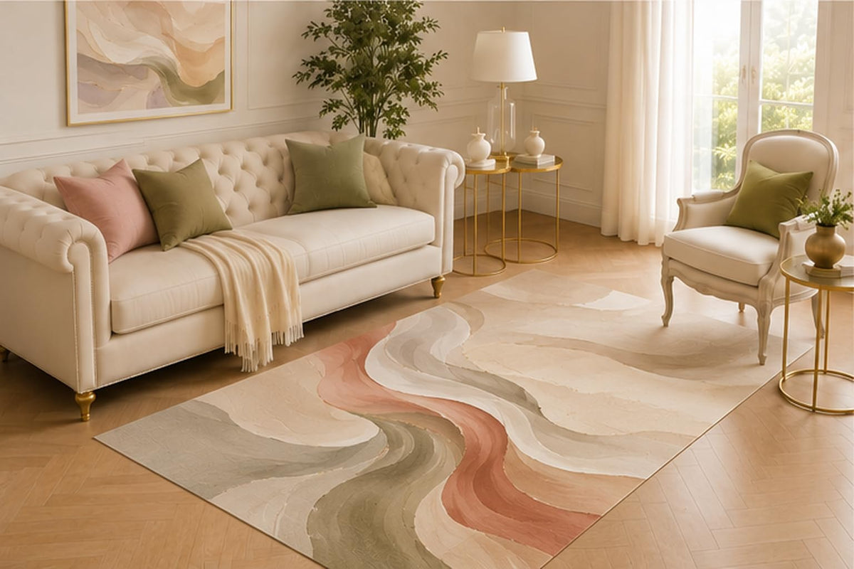ICE ARMOR 5' x 7' Modern Curved Abstract Carpet, Minimalist Soft Area Rug with Non-Slip Silicone Grip for Living Room, Bedroom, Study, Den, Apartment, Kids and Pets