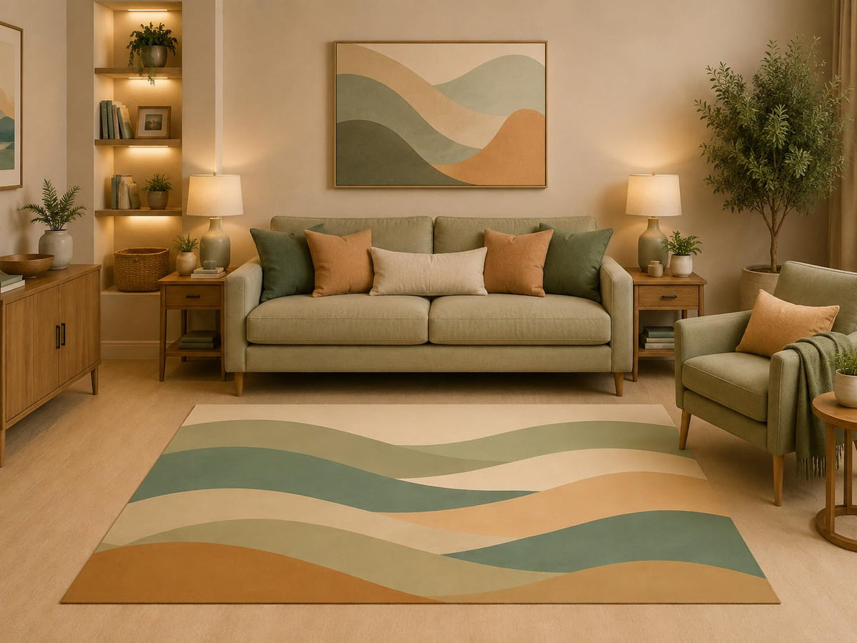ICE ARMOR 5' x 7' Scandinavian Abstract Wave Area Rug Minimalist Rolling Hills Earth Tone Landscape Design for Living Room Bedroom Dining Room Office Non-Slip Silicone Backing Low Pile