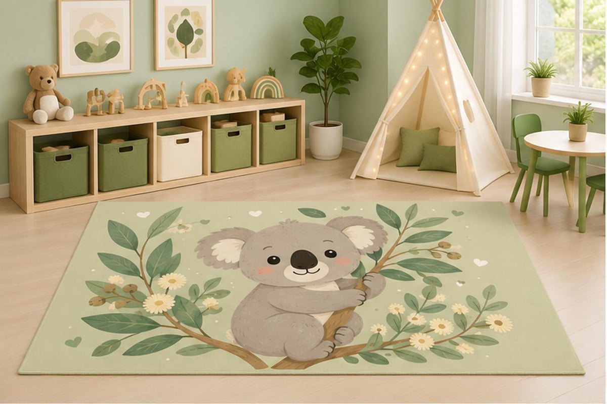 ICE ARMOR 5' x 7' Cute Koala Eucalyptus Area Rug for Kids Playroom Nursery Bedroom, Woodland Animal Floral Cartoon Decorative Carpet, Non-Slip Silicone Backing Low Pile