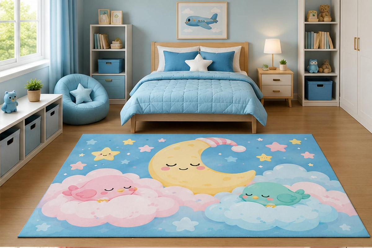 ICE ARMOR 5' x 7' Sleeping Moon with Birds Area Rug for Kids Bedroom Nursery Playroom Scandinavian Minimalist Celestial Cloud Decor Non-Slip Silicone Backing Low Pile