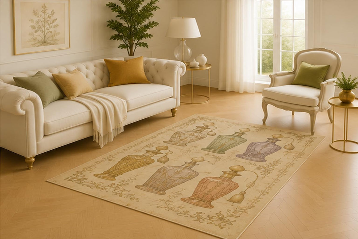 ICE ARMOR 5' x 7' Decorative Perfume Bottle Area Rug for Living Room, Soft Low Pile Floor Cover with Non-Slip Silicone Backing for Bedroom, Dining Room, Office, Kids and Pets