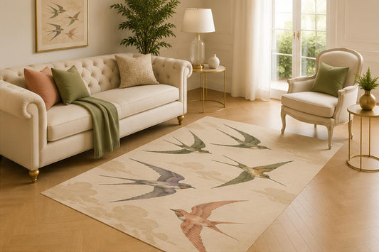 ICE ARMOR 5' x 7' Vintage Swallow Bird Area Rug for Living Room, Soft Low Pile Decorative Floor Cover with Non-Slip Silicone Backing for Bedroom, Dining Room, Office, Kids and Pets