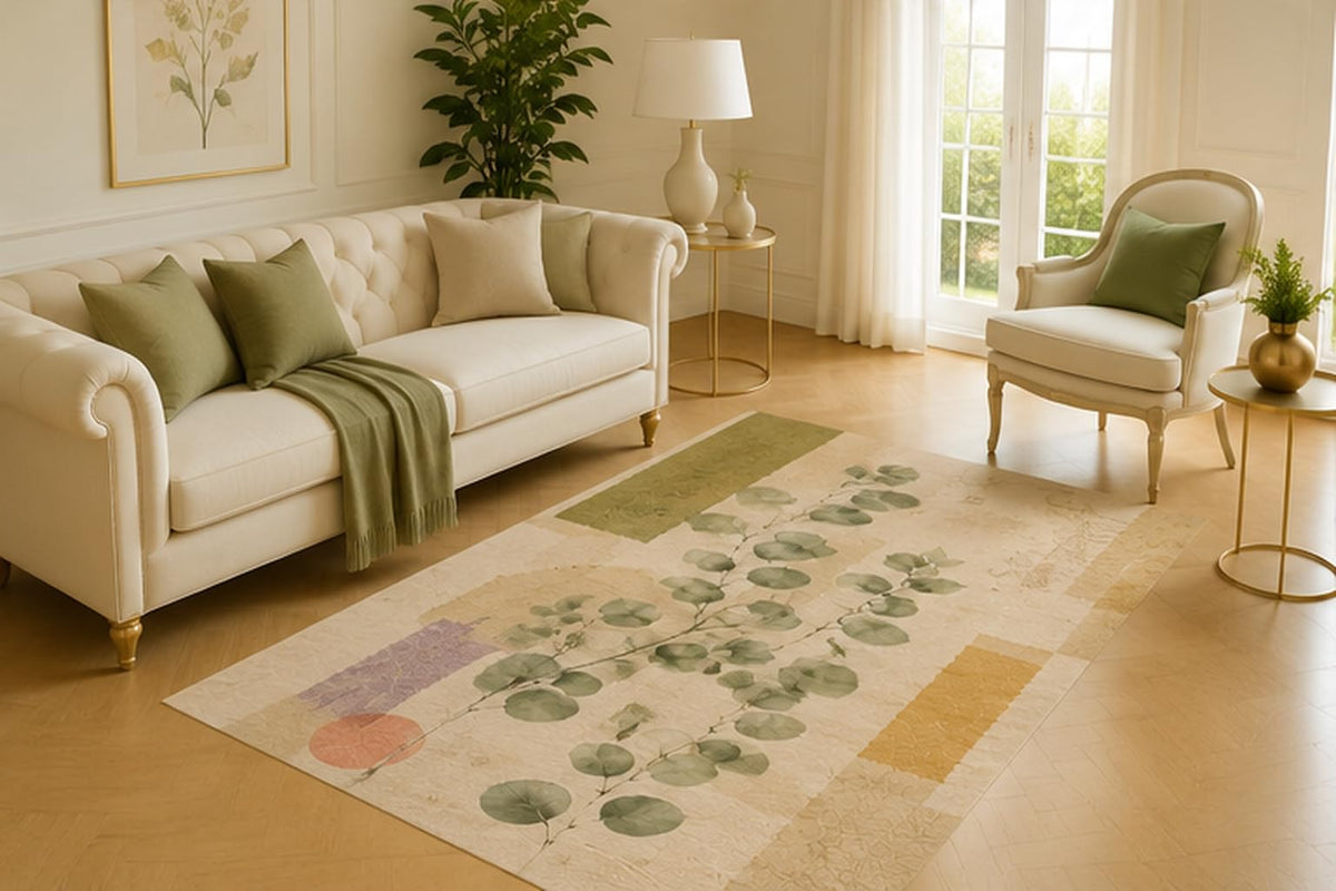 ICE ARMOR 5' x 7' Eucalyptus Geometric Collage Area Rug for Living Room, Soft Low Pile Indoor Mat with Non-Slip Silicone Backing for Bedroom, Study, Office, Kids and Pets