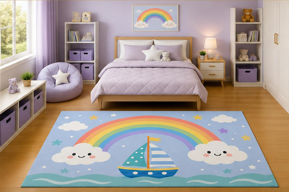 ICE ARMOR 5' x 7' Sailboat Under Rainbow Area Rug for Kids Bedroom Nursery Playroom Scandinavian Minimalist Nautical Ocean Sky Decor Non-Slip Silicone Backing Low Pile