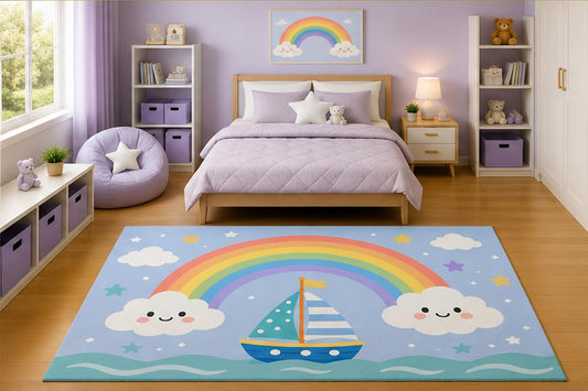 ICE ARMOR 5' x 7' Sailboat Under Rainbow Area Rug for Kids Bedroom Nursery Playroom Scandinavian Minimalist Nautical Ocean Sky Decor Non-Slip Silicone Backing Low Pile