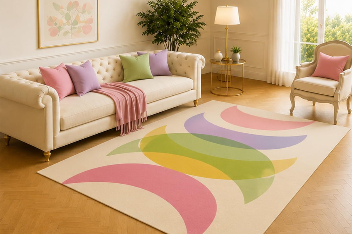 ICE ARMOR 5' x 7' Organic Forms Area Rug, Modern Minimalist Curved Shapes Design in Pink Lavender Sage Green Yellow and Cream, Soft Carpet for Living Room Bedroom Office