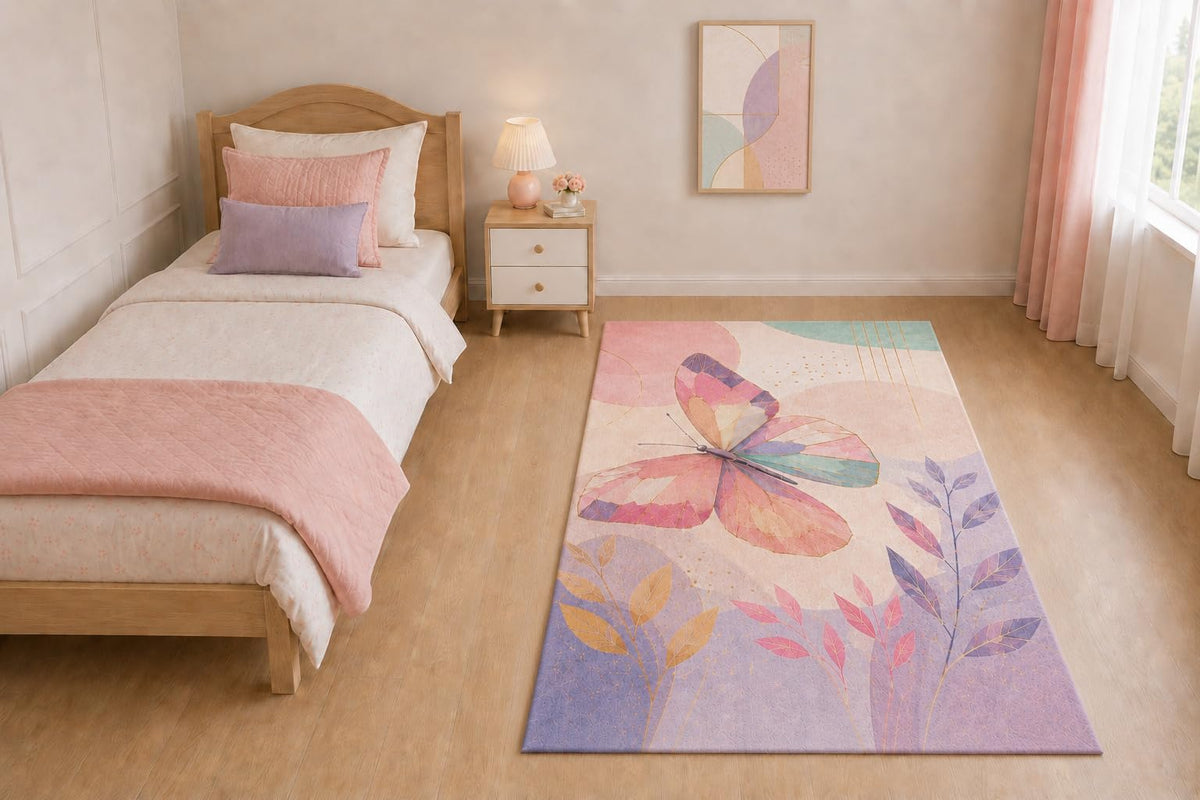 ICE ARMOR "Ultra Light Weight 5' x 7' Butterfly Leaves Area Rug for Living Room, Bedroom and Home Office, Soft Low Pile Carpet with Non-Slip Silicone Backing, Pink and Purple