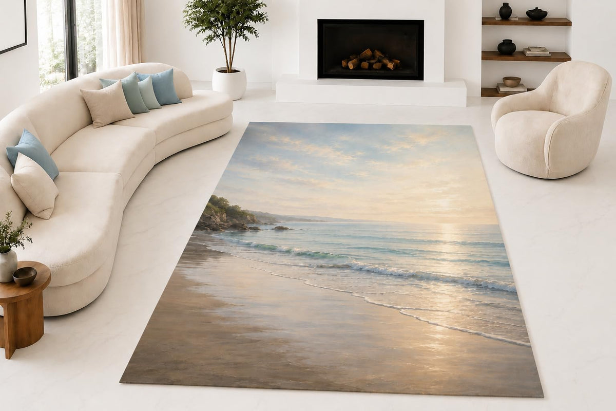 ICE ARMOR "Ultra Lightweight Large 6'7" x 9'10" Peaceful Beach Shore Area Rug for Living Room, Bedroom and Home Office, Soft Low Pile Carpet with Non-Slip Silicone Backing, Beige and Blue
