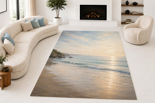 ICE ARMOR "Ultra Lightweight Large 6'7" x 9'10" Peaceful Beach Shore Area Rug for Living Room, Bedroom and Home Office, Soft Low Pile Carpet with Non-Slip Silicone Backing, Beige and Blue