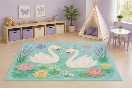 ICE ARMOR 5' x 7' Elegant Swan Pond Area Rug for Kids Playroom Nursery Bedroom, White Swans Lotus Flowers Butterflies Fairytale Cartoon Decor, Non-Slip Silicone Backing Low Pile