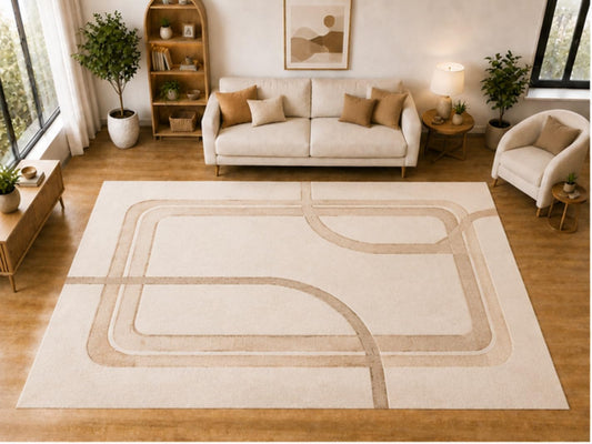 ICE ARMOR "Ultra Light Weight Large 6'7 x 9'10 Beige Rounded Line Pattern Area Rug for Living Room Bedroom Dining Room Soft Low Pile Indoor Carpet Modern Contemporary Floor Decor
