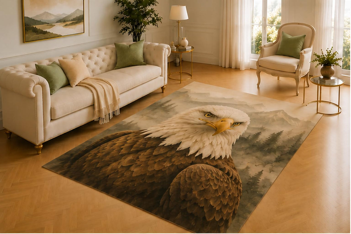 ICE ARMOR 5' x 7' Bald Eagle Rug, American Bird Artwork with Mountains and Pine Trees, Smooth Printed Floor Cover for Living Room, Office, Cabin and Patriotic Decor