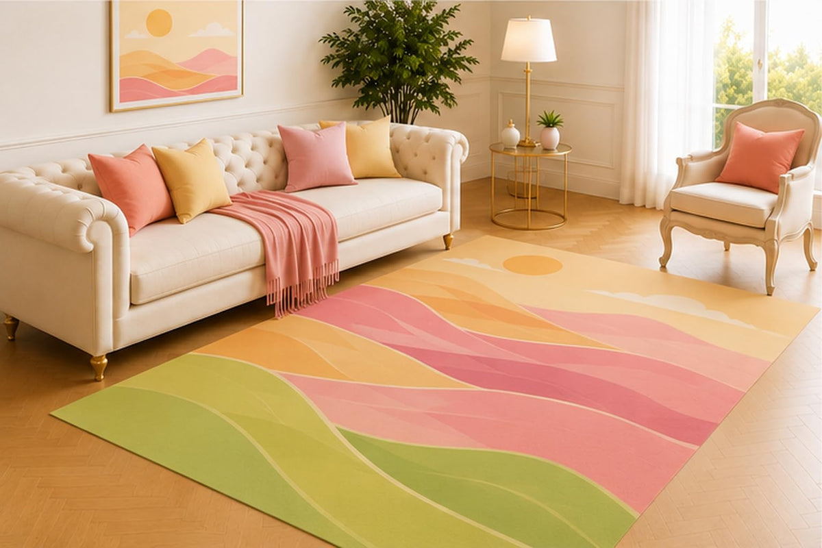 ICE ARMOR 5' x 7' Sunset Valley Area Rug, Modern Scenic Hills Design with Peach Pink Yellow and Sage Green, Soft Minimalist Low Pile Carpet for Living Room Bedroom Nursery